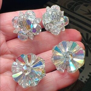 2 Pairs Vintage Aurora Borealis Crystal Faceted Cluster Flower Clip-On Earrings